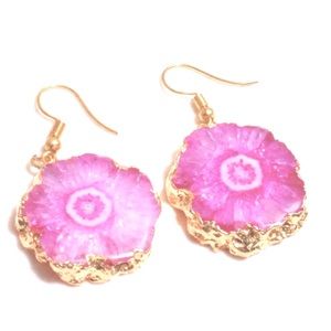 Pink Solar Quartz Druzy Gold Edge Earrings
